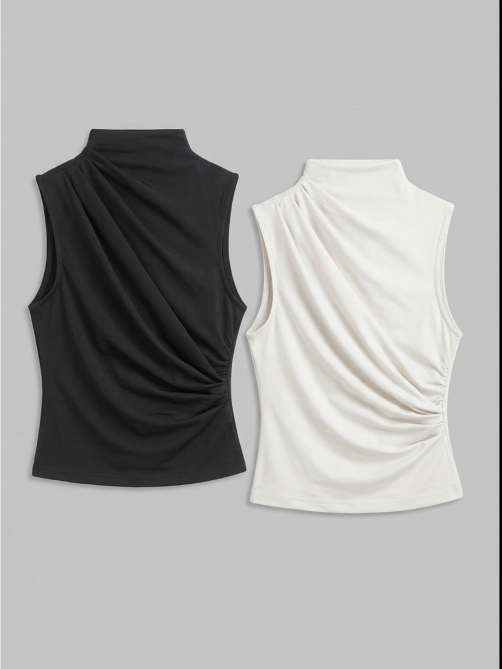 Cider Sleeveless Mock Neck Ruched Tank Bundle (2 Set) - Black & White - Small